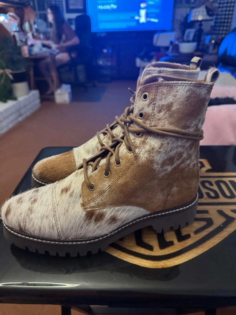 Two-Tone Brown Haircalf Lace-Up Ankle Boots New with tags....